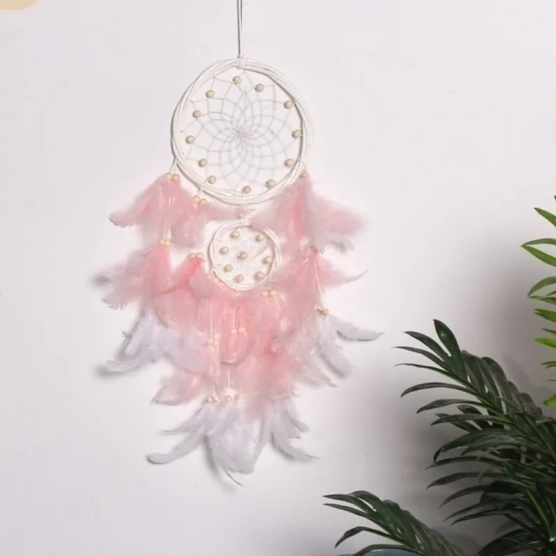 

Pink Dream Catcher Pendant Mori Rattan Ring Feather Dreamcatcher Pendant Bedroom Girl Room handwoven Creative Gift Garden Decor