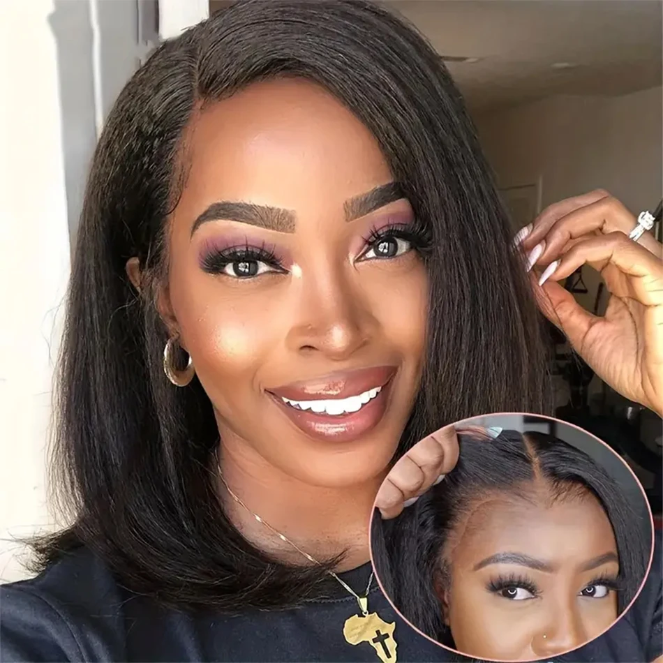 Короткие прямые парики Yaki бразильские волосы Remy 4x4 прозрачные кружевные