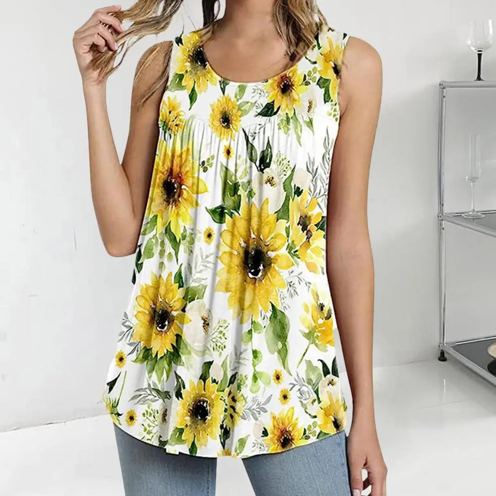 

Floral Print Vest Top Summer Vest Stylish Summer Sleeveless Women's Tank Tops Floral Feather Heart Print Loose Pleated Hem for A
