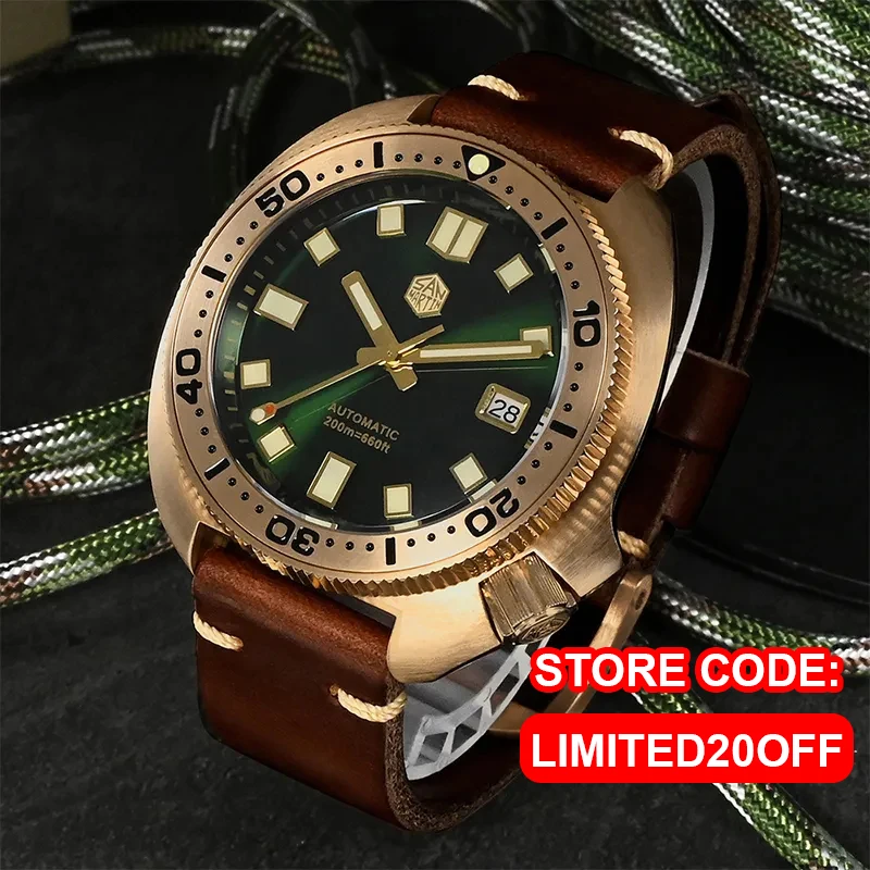 

San Martin Bronze Watch Turtle Abalone 6105 Luminous Dial NH35 Automatic Mens Watch Leather Strap Mechanical Diver Luxury 2021