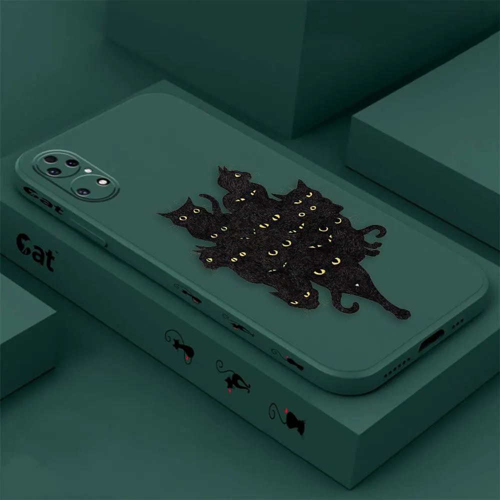 Cute Black Naughty Cat Phone Case For Huawei P60 P50 P40 P30 P20 Mate 50 40 30 20 20X 10 Colour Liquid Silicone Cover Funda Capa