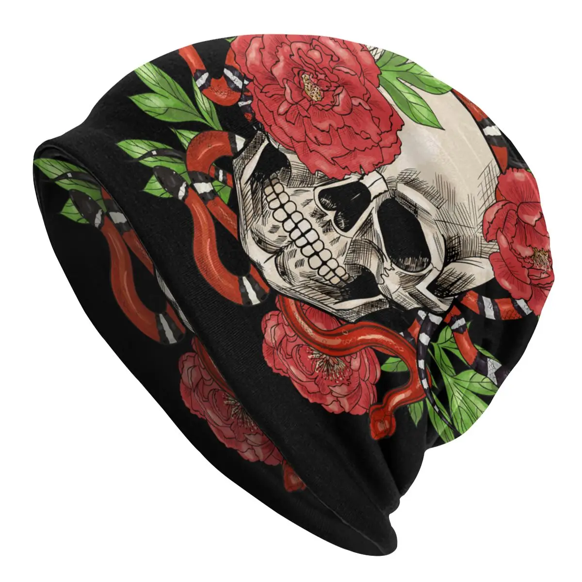 Skulls With Snakes And Peonies Men's Beanies for Women Outdoor Bonnet Hats Unisex Knitted Hat Hip Hop Cap