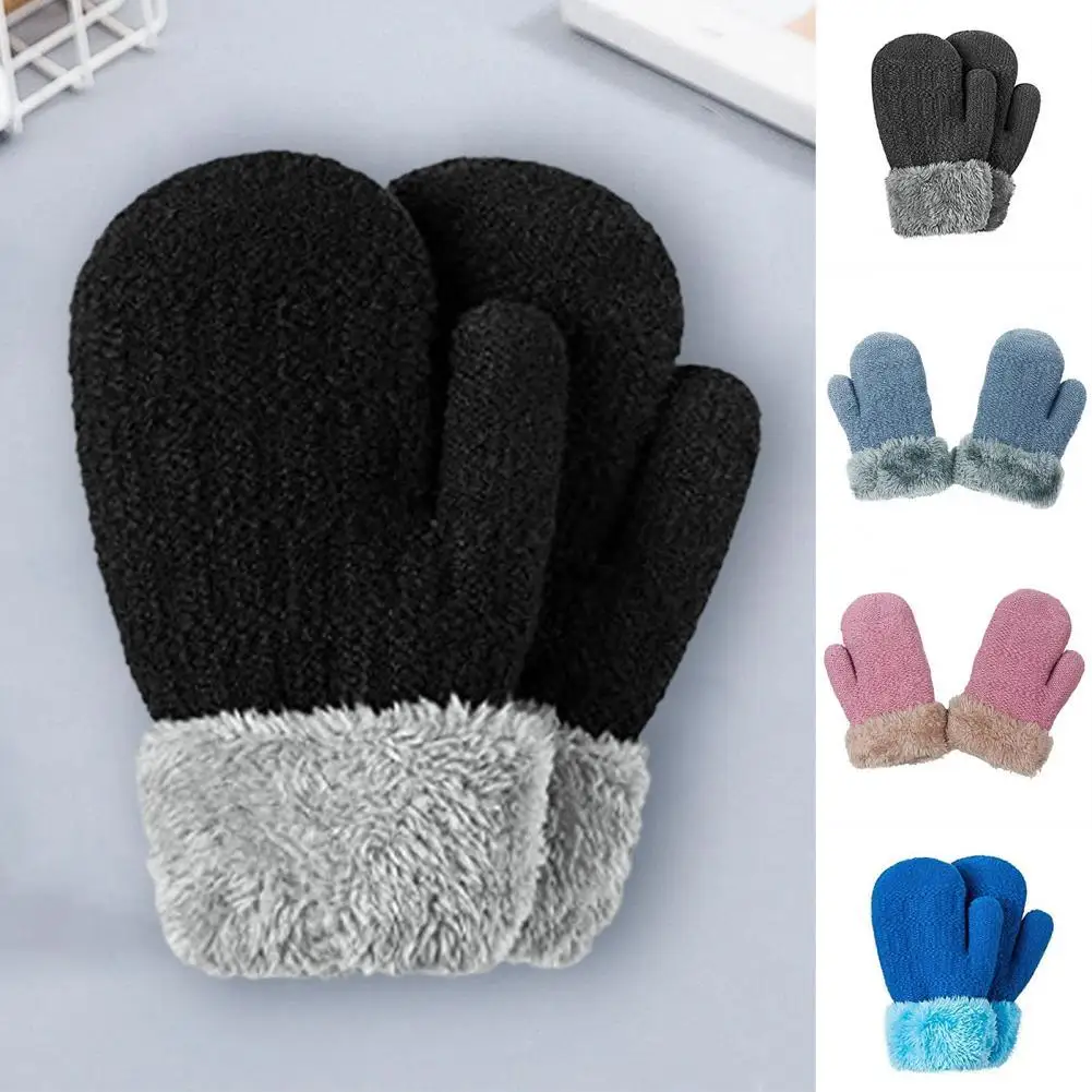 

1 Pair 0-5 Years Boys Girls Fleece Gloves Jacquard Solid Color Autumn Winter Infant Thickened Warm Knitted Gloves for Outdoor