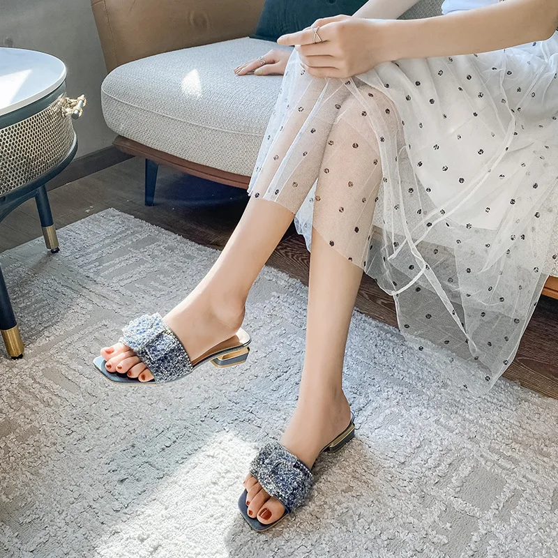 2023 Women Slippers New Chunky Heel Fashion Flat Ladies Rhinestone Slippers Womens Shoes Comfort Summer Peep Toe Shoes