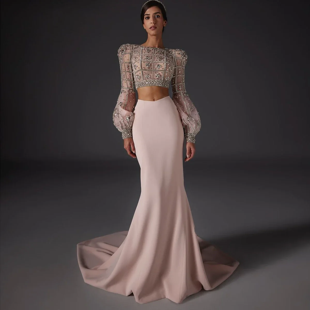 Новые длинные вечерние платья от кутюр с бисером 2-дековые бледно-розовые для