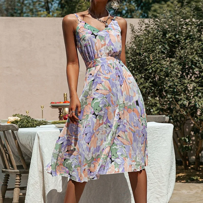 

V-Neck Holiday Pleated Floral Printed Midi Dress Women Summer Spaghetti Strap Backless Sexy Beach Sundress Casual Fashion Dress