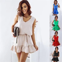 summer short sleeve solid color fashion mini womens dress 2022 womens v neck sleeveless waist pleated dress 4a057