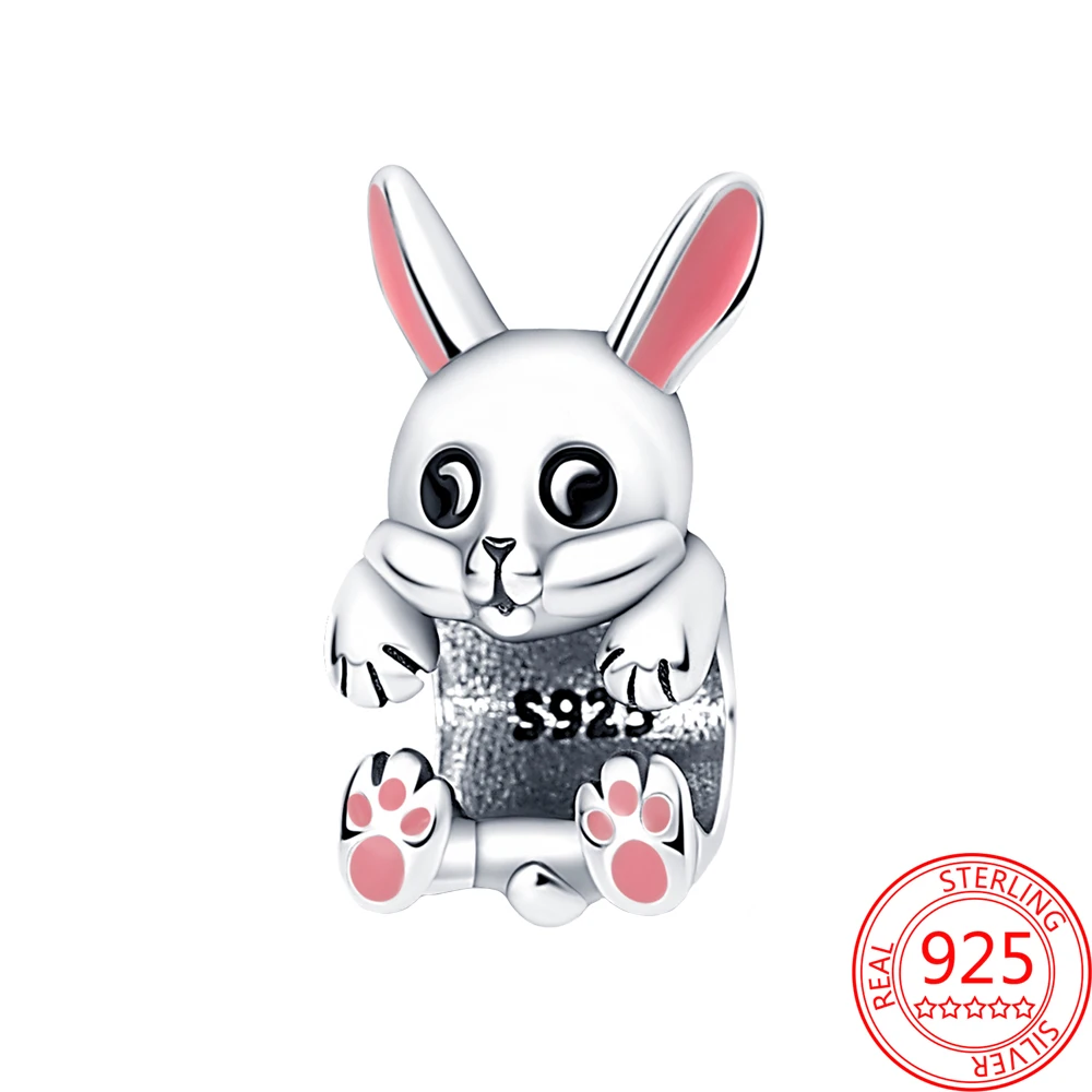 

New 925 Sterling Silver Cute Pink Rabbit Charms Beads Fit Original Pandora 925 Bracelet Pendant for Women Fine Diy Jewelry Gift