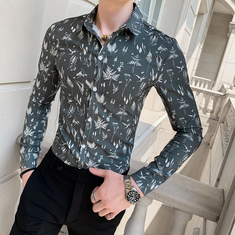 2022 Spring Floral Men's Shirts Slim Business Social Casual Shirt Long Sleeve Streetwear Party Nightclub Tuxedo Camisa Masculina