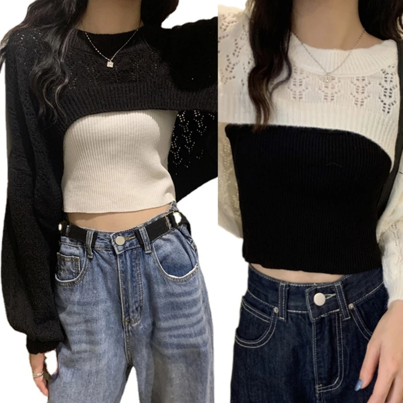 

449B Sweet Hollow out Knit Shrugs Sweaters for Women Long Sleeves Cropped Sweaters Loose Smock Sweater Solid Cover Ups Gifts