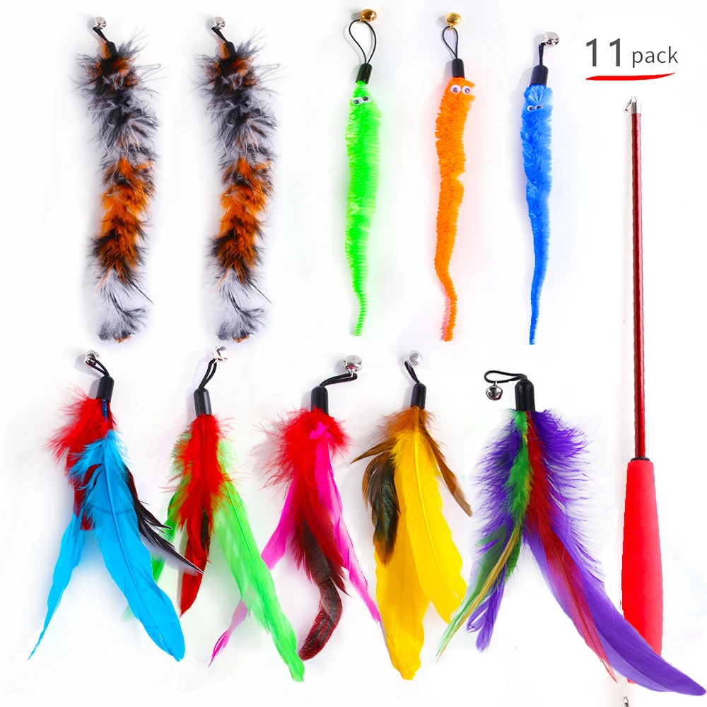 

11Pcs Cat Toys Interactive Cat Feather Wand, Kitten Toys Retractable Cat Wand Toy Natural Feather Teaser Replacements with Bell