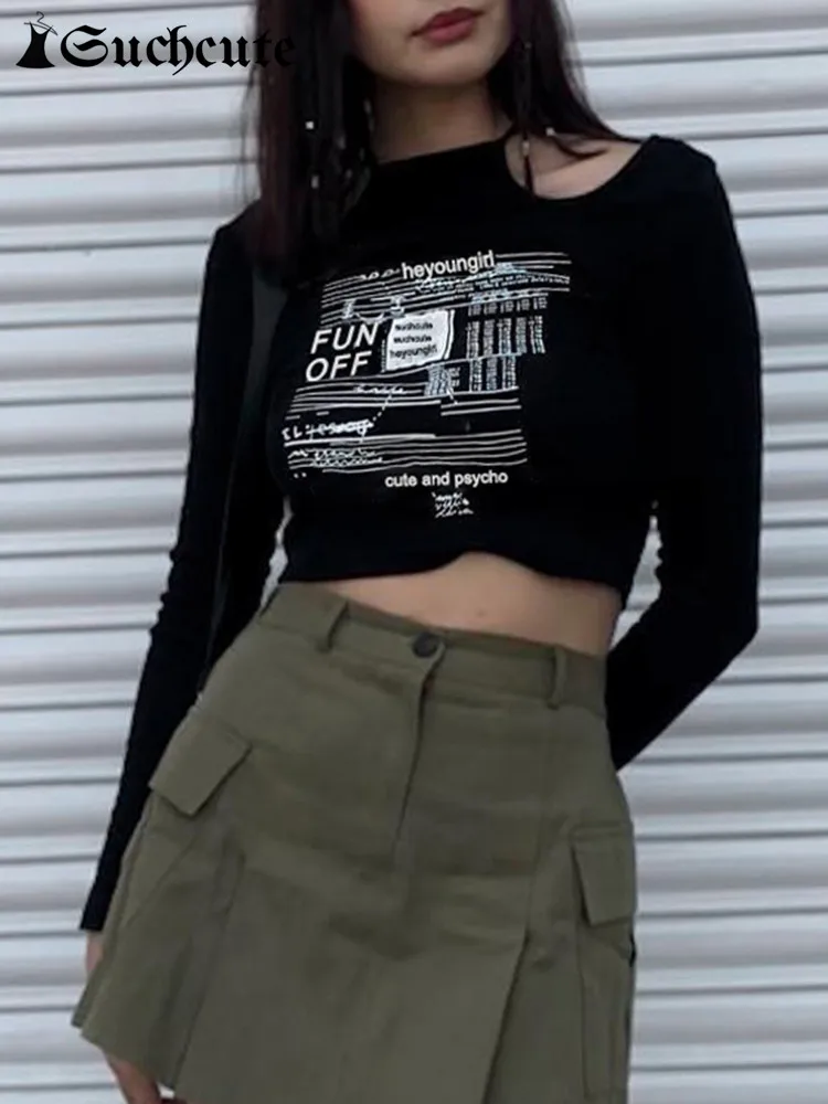 

SUCHCUTE Gothic Graphic Print Women's T-Shirts Dark Academic Long Sleeve Shirt Grunge Streetwear Off Shoulder Slim Crop Tops