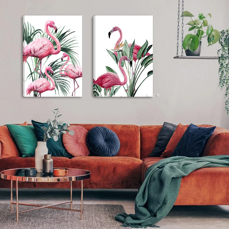Картина на холсте с изображением розового фламинго растений постер абстрактная