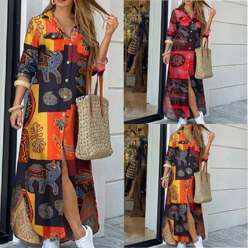 

Autumn Fashion Casual Irregular Women Maxi Dress Summer Solid V-Neck Long Sleeve Ladies Dress Button Holiday Vintage Streetwear