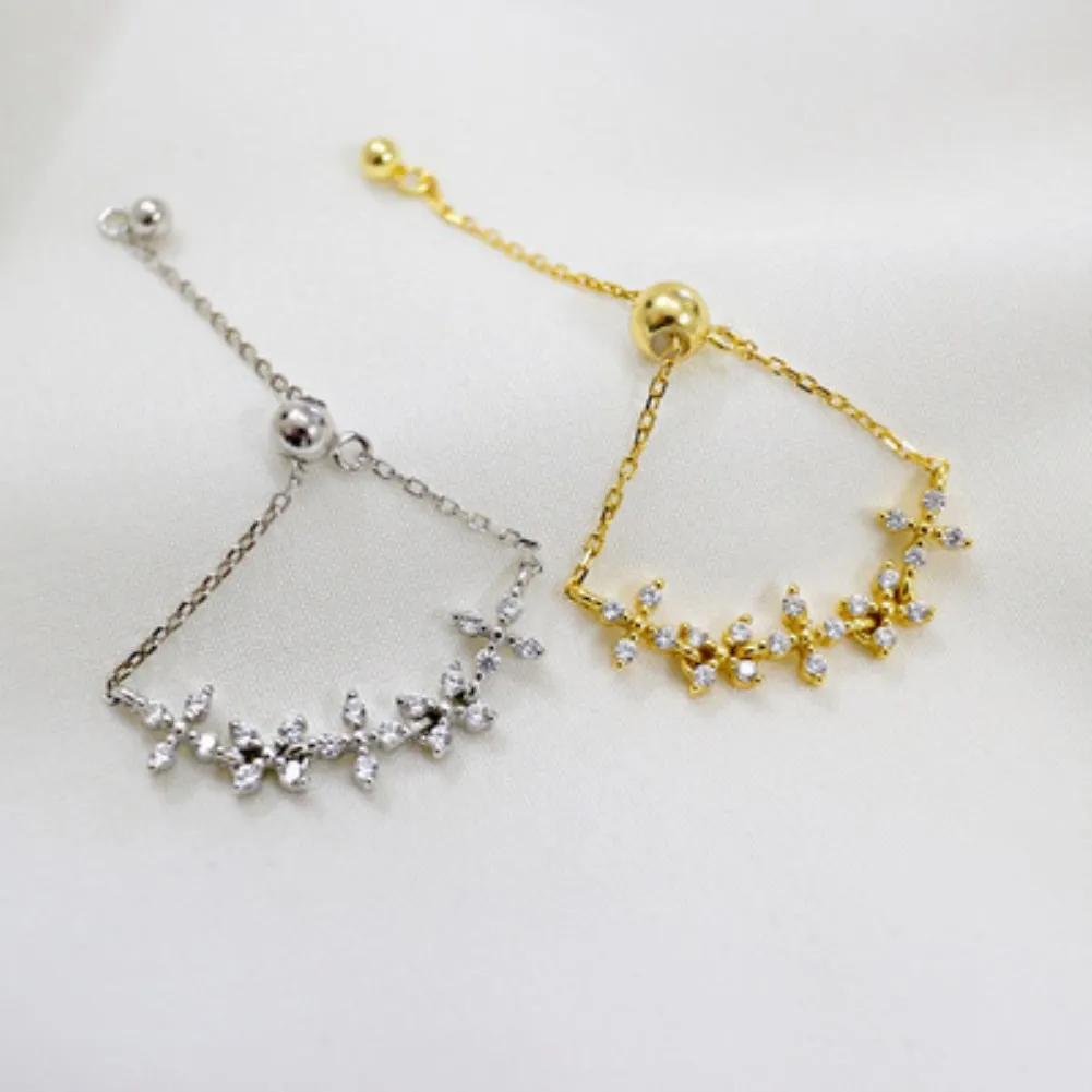 

JT223 Korean Edition Japanese Sterling Silver Small Fresh Floral Diamond Zircon Chain Adjustable Silver Ring