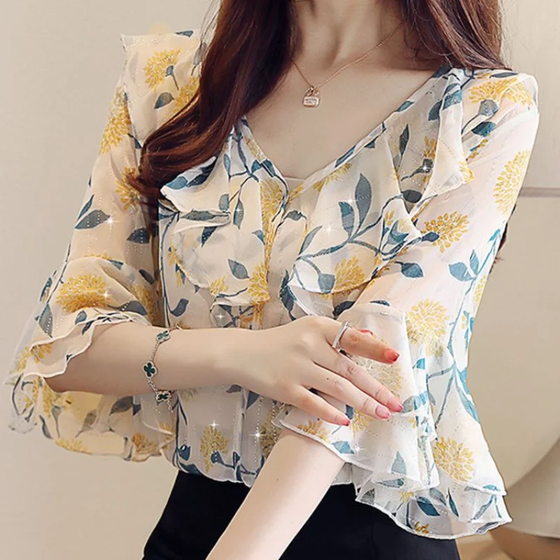 

2023 Summer New Trend Short Sleeve Women's Clothing V-Neck Spliced Ruffles Floral Casual Loose Simplicity Commute Trend Blouse