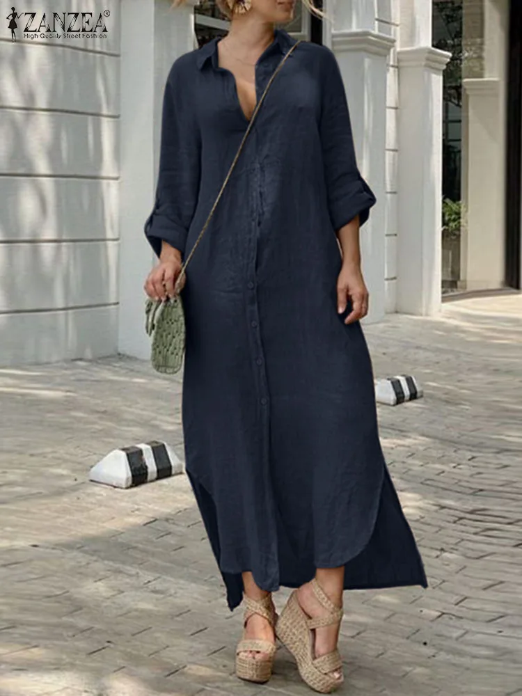 

Модное женское платье-рубашка ZNAZEA, Осеннее офисное праздничное платье, однотонное повседневное свободное платье на пуговицах с длинным рук...