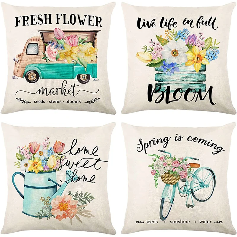 

Spring Pillow Covers 18X18 Set of 4 Spring Decorations Farmhouse Throw Pillows for Outdoor Couch Home Cushion Case