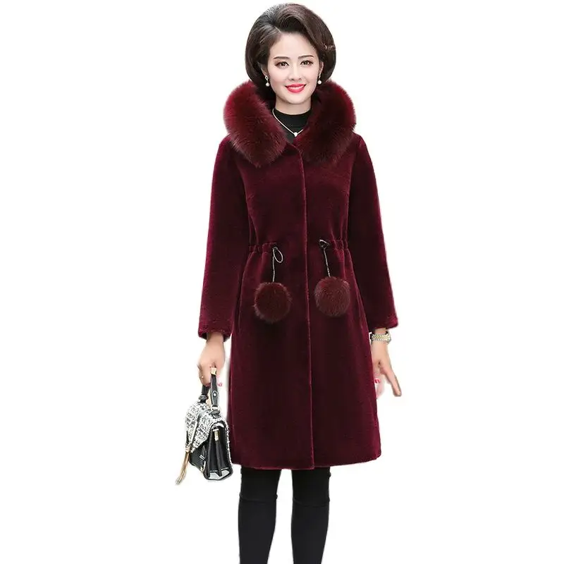 Imitation Mink Jacket Noble 2023New Middle-aged Women's Autumn Winter Thicken Warm Faux Fur Coat Mid-length Parka