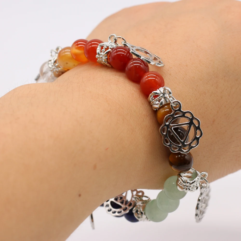 

Seven Chakra Bracelet Colorful Natural Stone Beads Agate Crystal Yoga Symbol Jewelry Bead Bracelet Reiki Healing Jewelry Gift