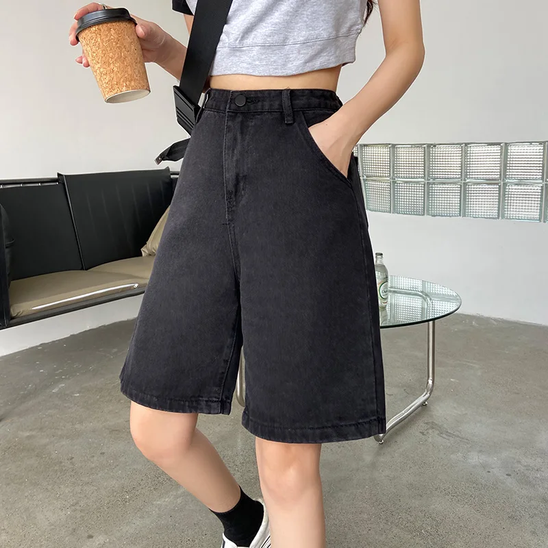 New Summer Women High Waist Wide Leg Black Denim Shorts Casual Female Loose Straight Button Jeans Bermuda Shorts