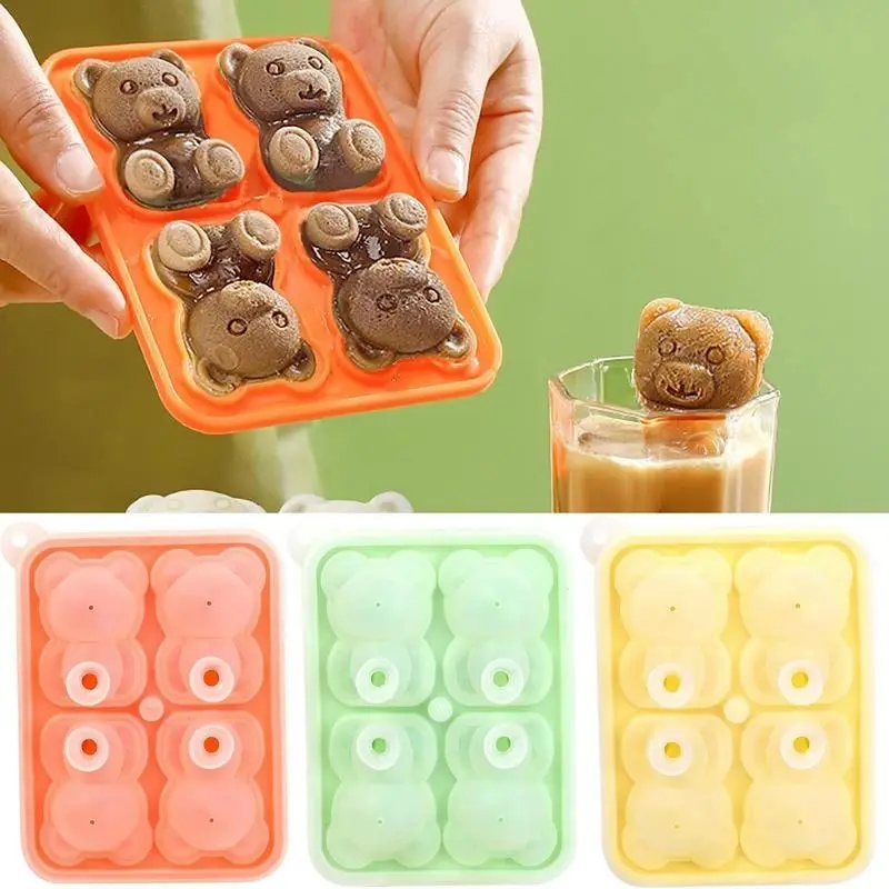 

4 Grid 3D Little Bear Shape Ice Cube Food Grade Silicone Mold Home Made Ice Cream Ice Box Tool Frozen Whisky Ice Mold with Lid