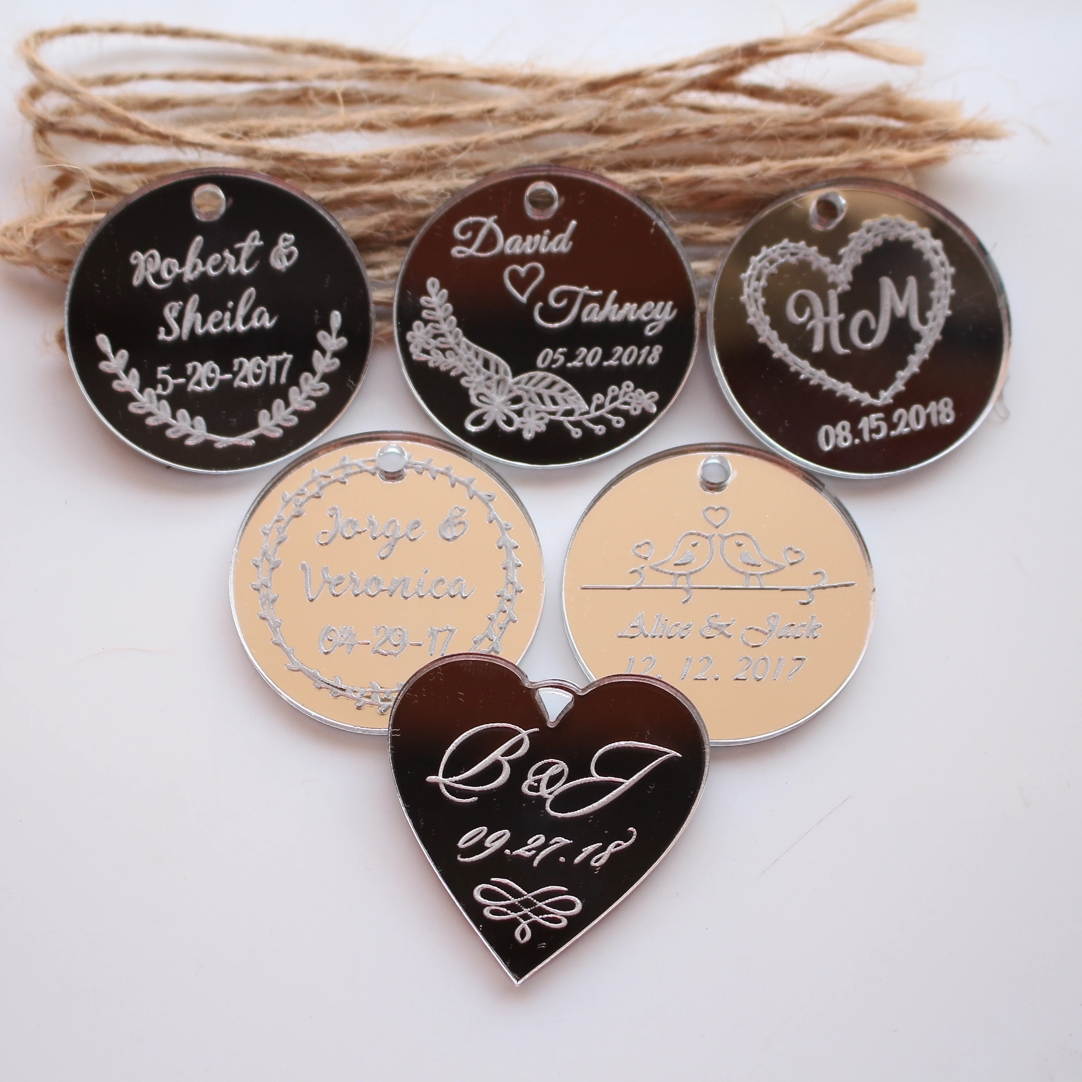 

50pcs Personalized Engraved Anniversary Silver Wine Charm Custom Bride Baptism Label Wedding Engagement Round Favors Gift Tags