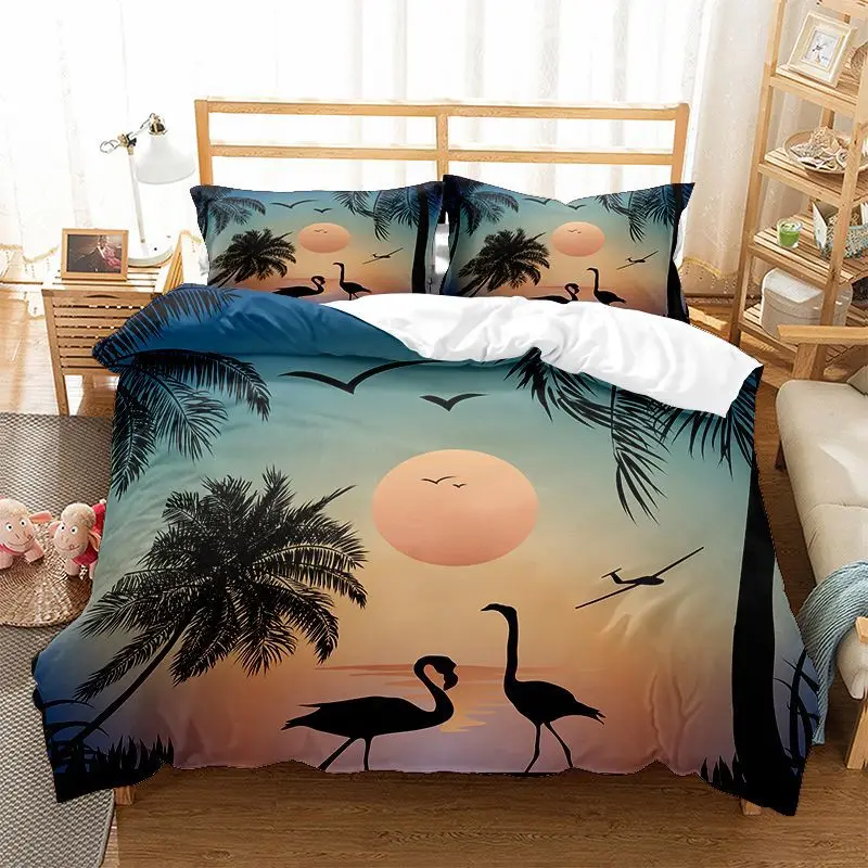 

Bedding Set Exotic Palm Grove Polyester Quilt Cover Orange Tropical Duvet Cover Set King Queen Tropical Palm Trees Silhouette