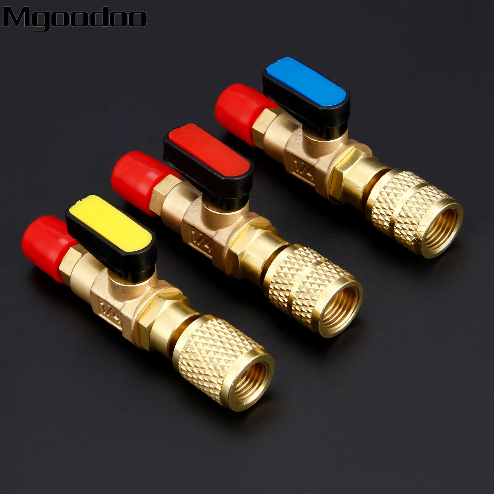 

3 шт. 1/4 дюйма SAE папа 5/16 дюйма SAE мама Красного синего цвета, 1/4 дюйма SAE папа мама желтого цвета прямой и ручной запорный клапан для R22 R12 R410a