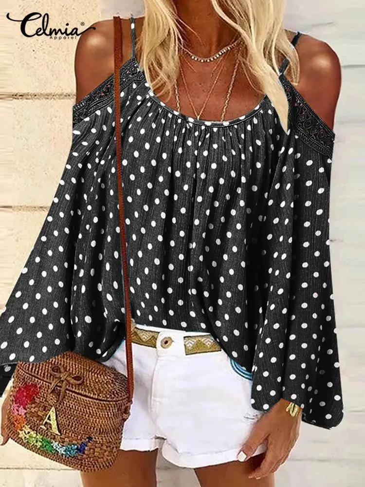 

Bohemian Women Summer Spaghetti Strap Blouse Celmia Fashion O-neck Lace Stitching Off Shoulder Tunic Holiday Flare Sleeve Blusas