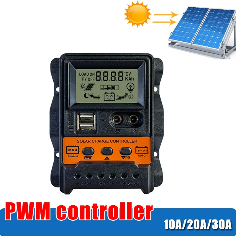 

10A-30A Solar Charge Controller PWM Photovoltaic Power Generation Controller with 2 USB Outlet for Solar Panel Cell Regulator