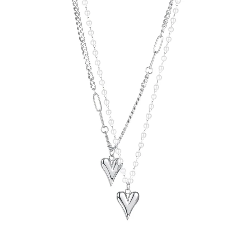 

Fashion Design Sense Double Layered Titanium Steel Necklace Three-dimensional Heart-shaped Pearl Clavicle Chain Women Gift