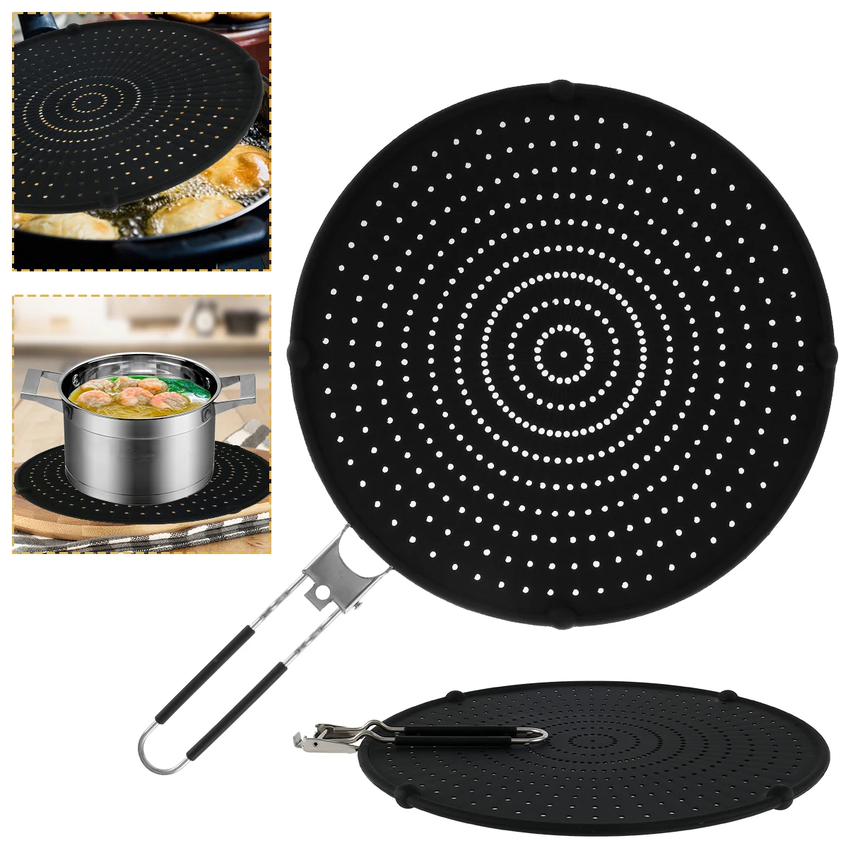 

Silicone Splatter Screen Heat Resistant Grease Splatter Cover with Foldable Handle Multipurpose Oil Splatter Board with Food