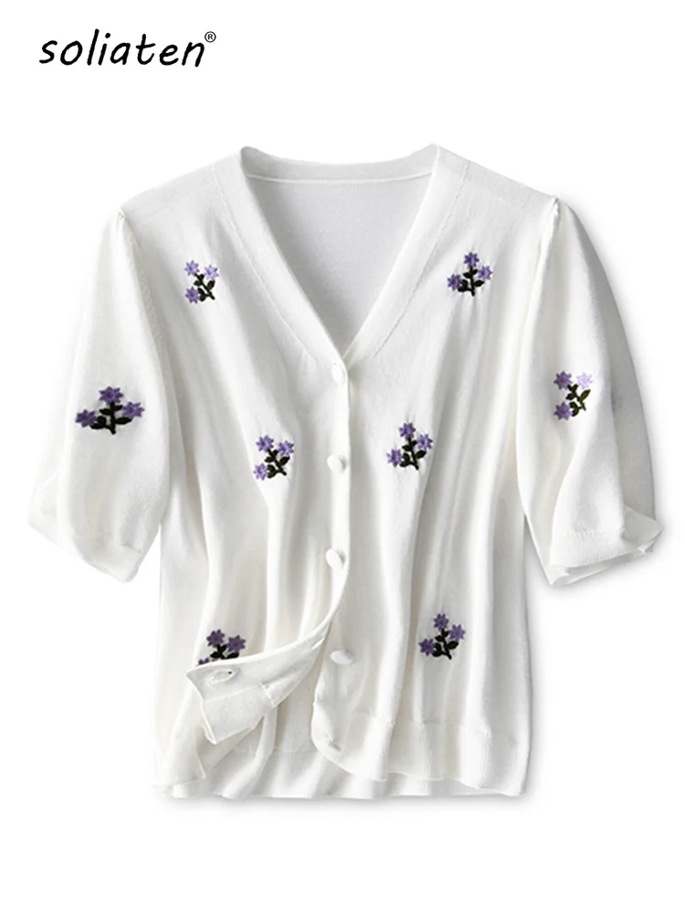 

Floral Embroidery Ladies T-shirt V-neck Summer Puff Sleeve Buttons Streetwear Women's Sweet Slim Tee Tops B-190