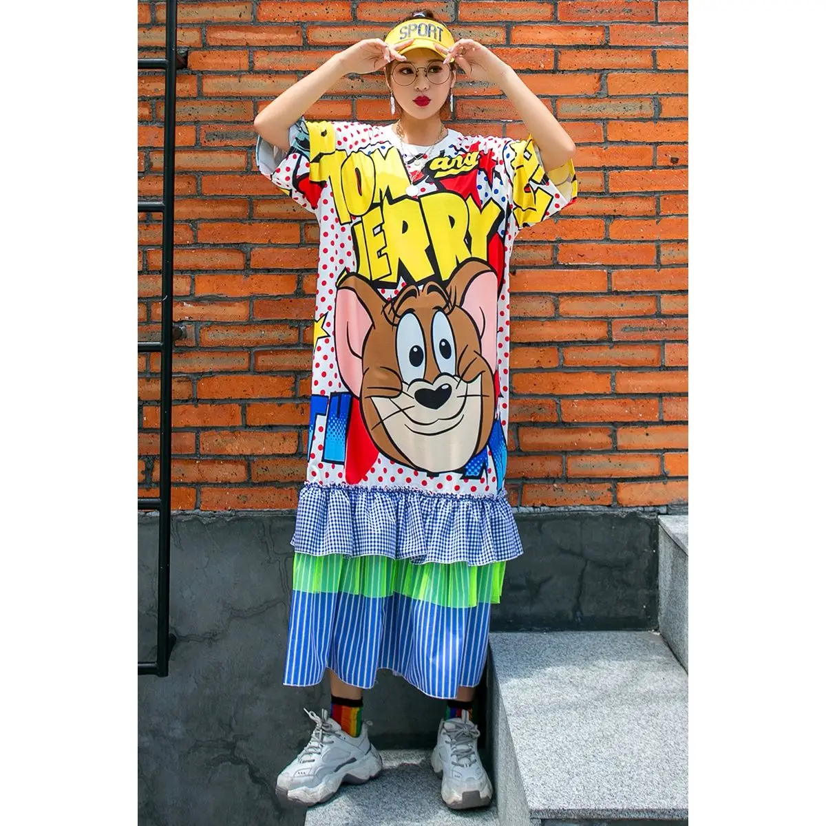 

Tide Brand Women Dresses 2022 New Summer Cute Cartoon Printing Ruffles Mid-length Straight Dress Loose Casual Short Sleeve