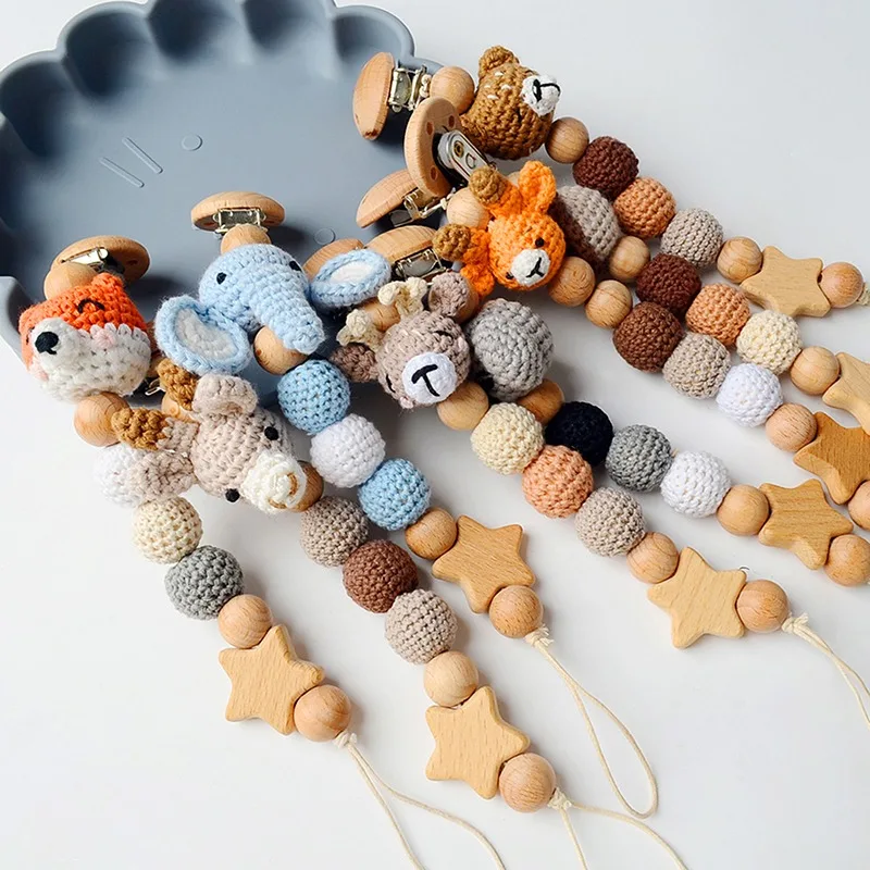 

Baby Pacifier Clips Beads Wooden Pacifier Chain Wool Animal Cute Infant Appease Soother Safe Teething Dummy Holder Nipple Clip