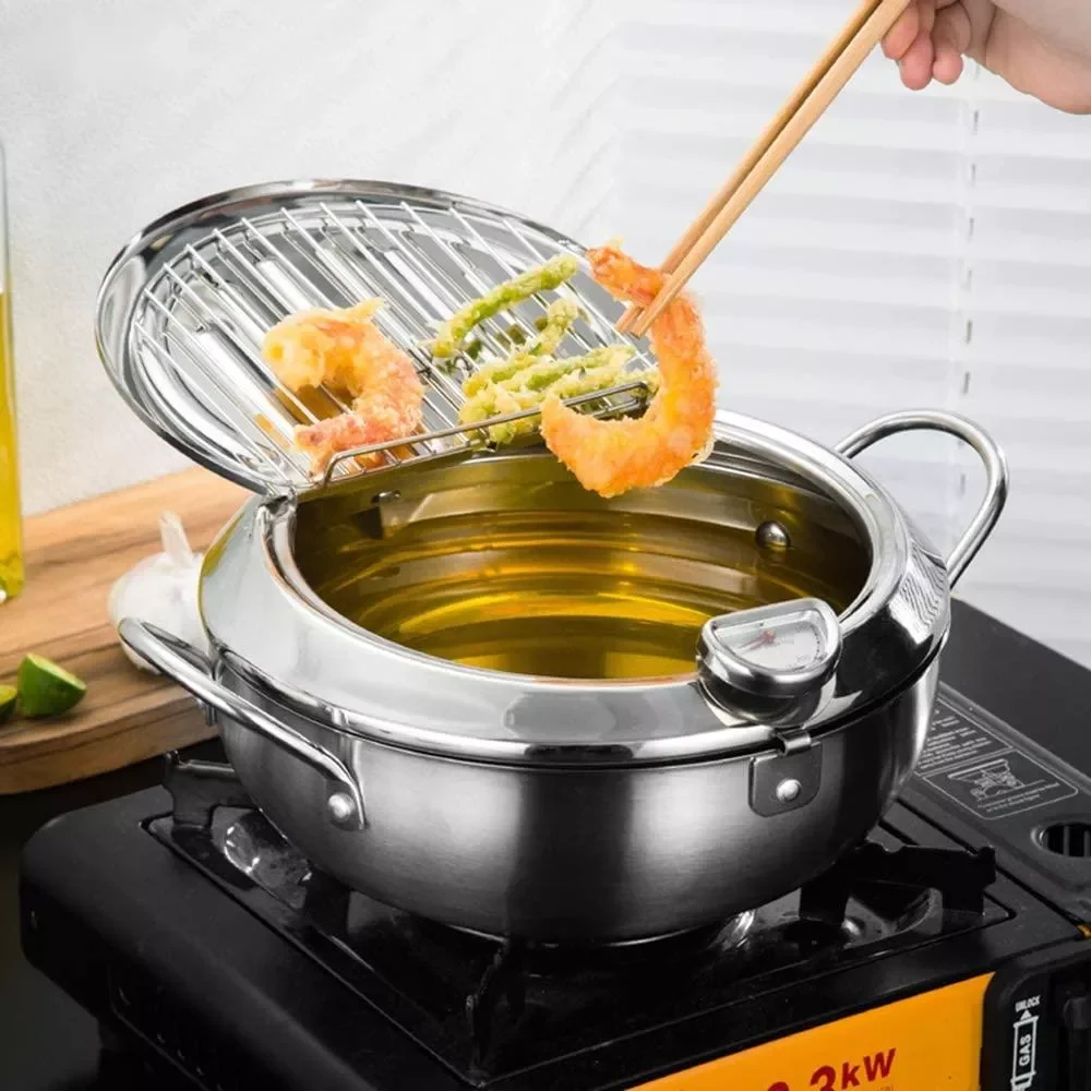 

24CM Japanese Deep Frying Pot Oil Fryer with a Thermometer and a Lid 304 Stainless Steel Kitchen Tempura Fryer Pan