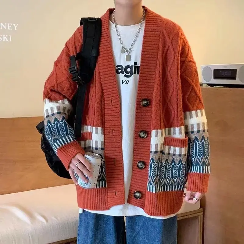 2022 Autumn and Winter College Style Color-blocking V-neck Knitted Cardigan Sweater Men's Fashion Loose Casual Lazy Wind Jacket