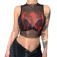 womens sheer mesh tank tops vintage sleeveless round neck butterfly print crop tops