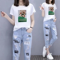 summer denim pants sets women new korean fashion short sleeved loose tops jeans female casual two piece suit e89