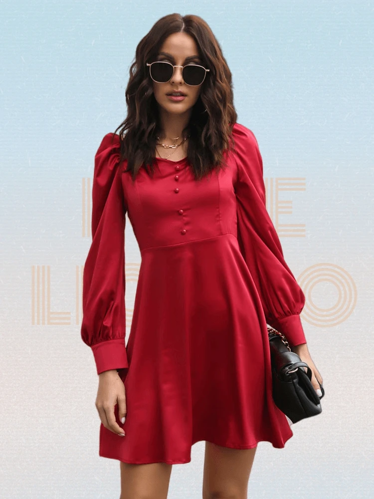 

Solid Puff Sleeve Fake Button Flared Hem Satin Dress Women Sweetheart Neck Zippers A-line French Dress Autumn Office Lady Dress