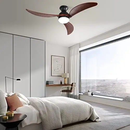 

Inch Low Profile Ceiling Fan no light 3 Carved Wood Fan Blades Flush Mount Ceiling Fan Noiseless Reversible DC Motor Remote Cont