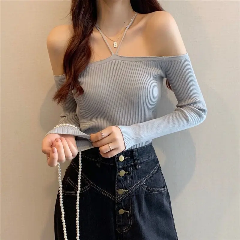 Fashion Sweater Mujer Sexy Off Shoulder Slim Knitted Sweaters Pull Femme Autumn Vintage Chandails White Black Top Y2K Clothes images - 6