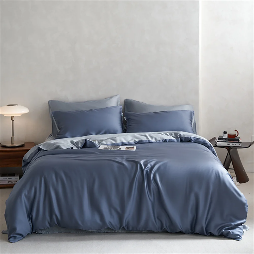 

Liv-Esthete Luxury 100% Silk Bedding Set Blue Gray Double Color Queen Kinig Duvet Cover Pillowcase Flat Sheet Bed Cover Set 4PCS