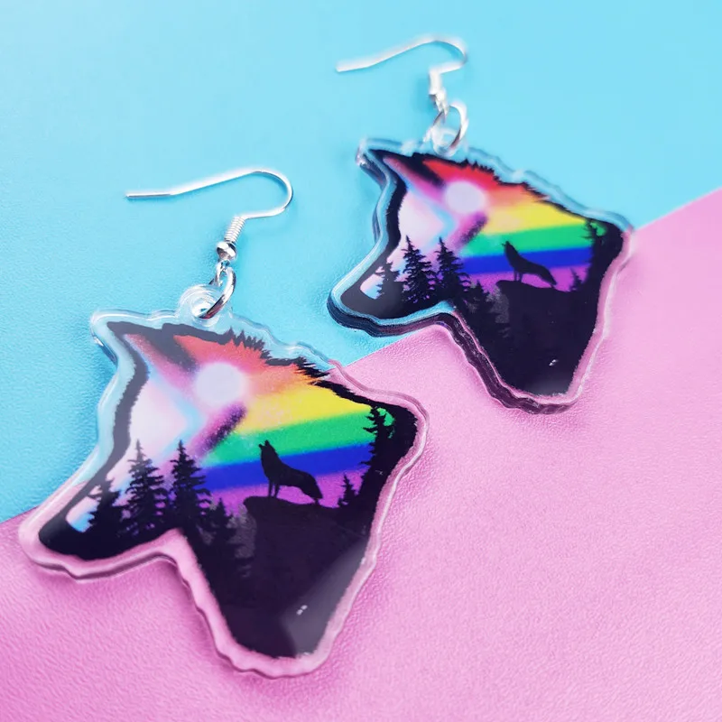 

New Cute Rainbow Wolf Head Acrylic Earrings with Double Sided Printing Unique Pendant Jewelry for Wolf Lovers Personalized Gift