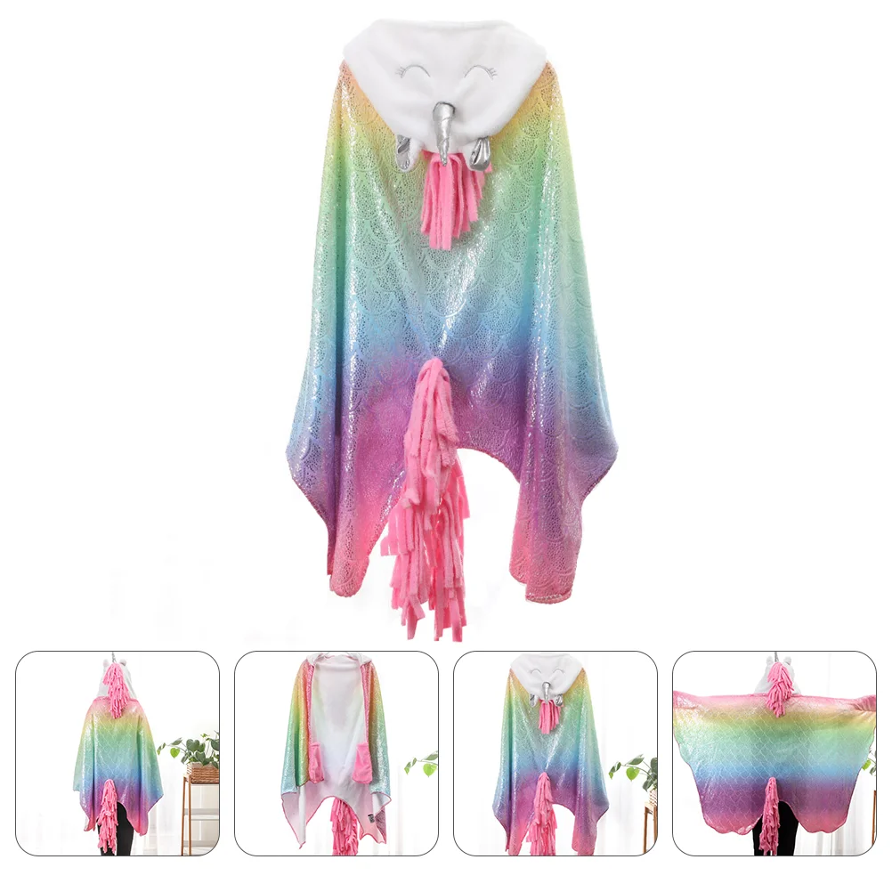 Шаль с единорогом удобная накидка детская праздничная фланелевая теплая