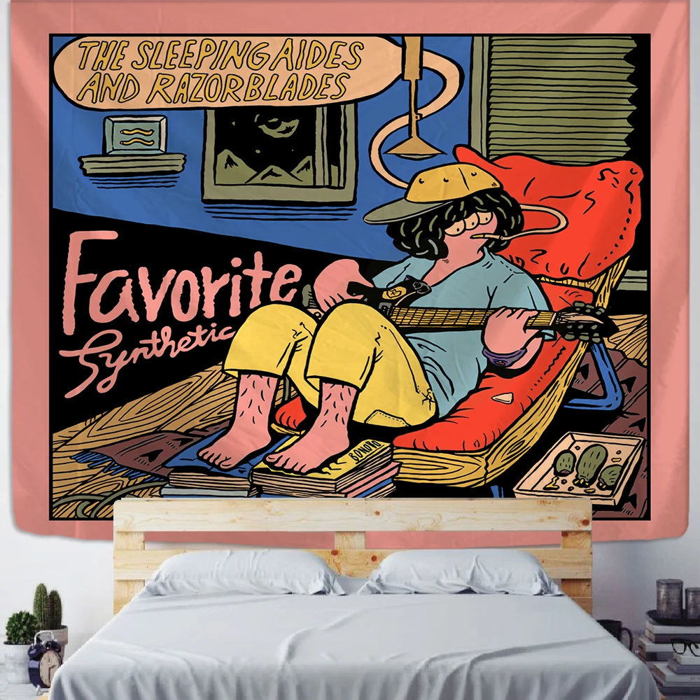 

Cartoon Background Girl Illustration Tapestry Wall Hanging Hippie Tapiz Kawaii Aesthetics Room Bedroom Home Decor