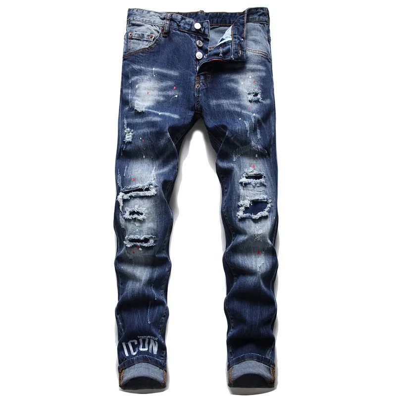 

Men Blue Denim Jeans Skinny Holes Jeans Italian Style Stretch Denim Pants High Quality Male Slim Fit Denim Trousers Size 38