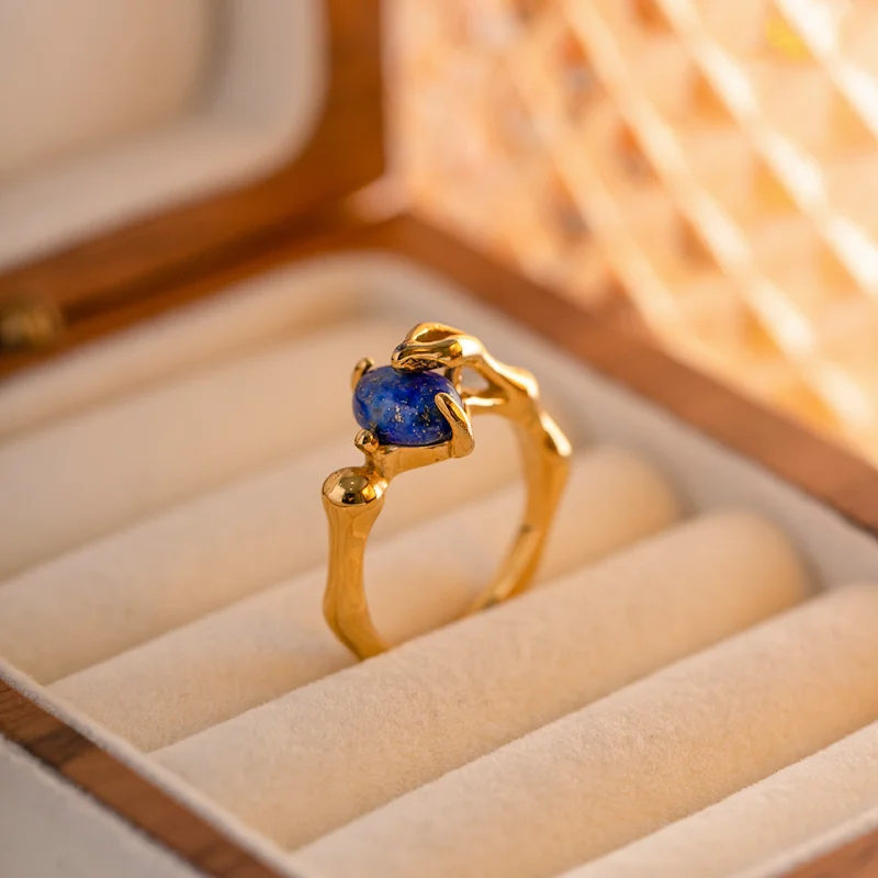 

ALLNEWME Charms Navy Blue Natural Stone Asymmetric Irregular Charm Rings for Women 18k Gold Plated Titanium Steel Finger Ring