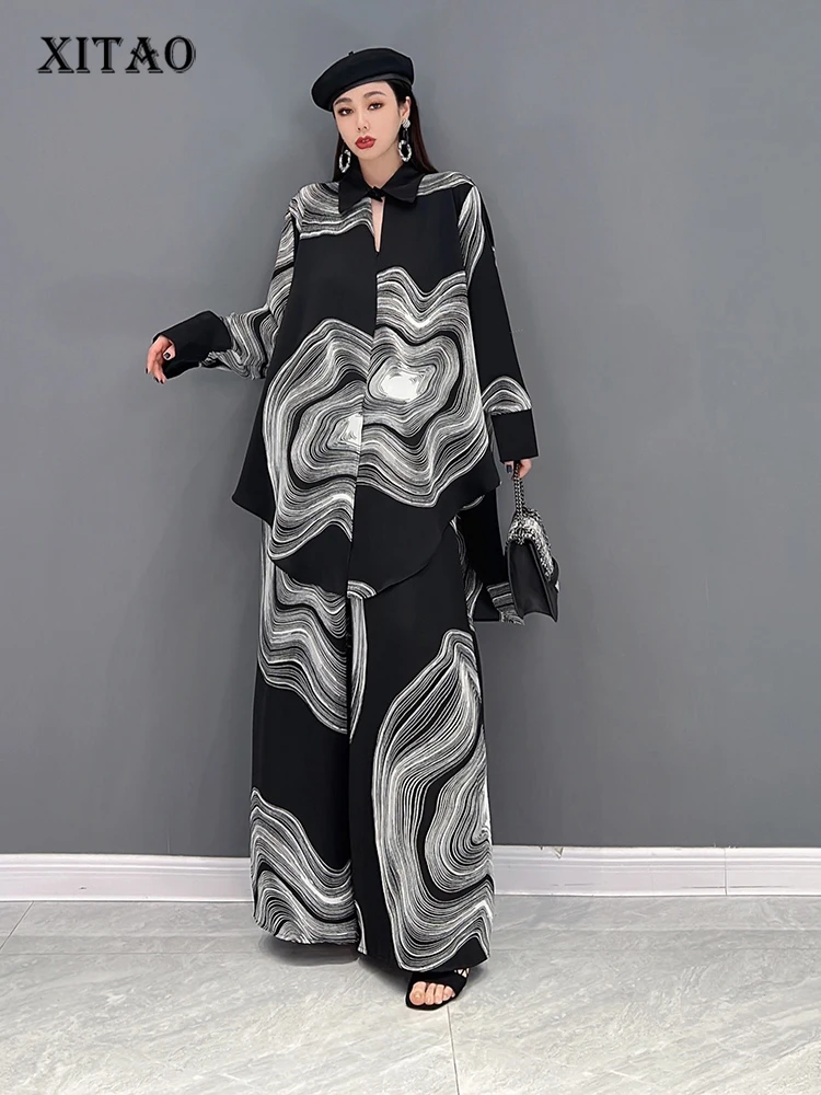 

XITAO Two Piece Set Women Print Pattern Single Breast Full Sleeve Top Elastic Waist Full Length Pants 2022 Minority WMD5597